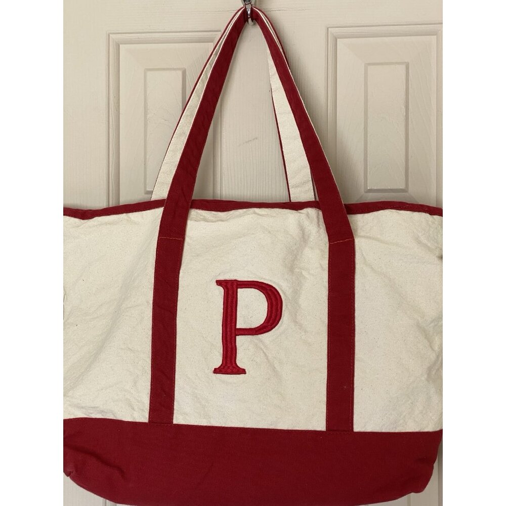 Nantucket Distributing Tote Bag - Initial P - Beach, Pool Theme - Red & Cream - Picture 3 of 8
